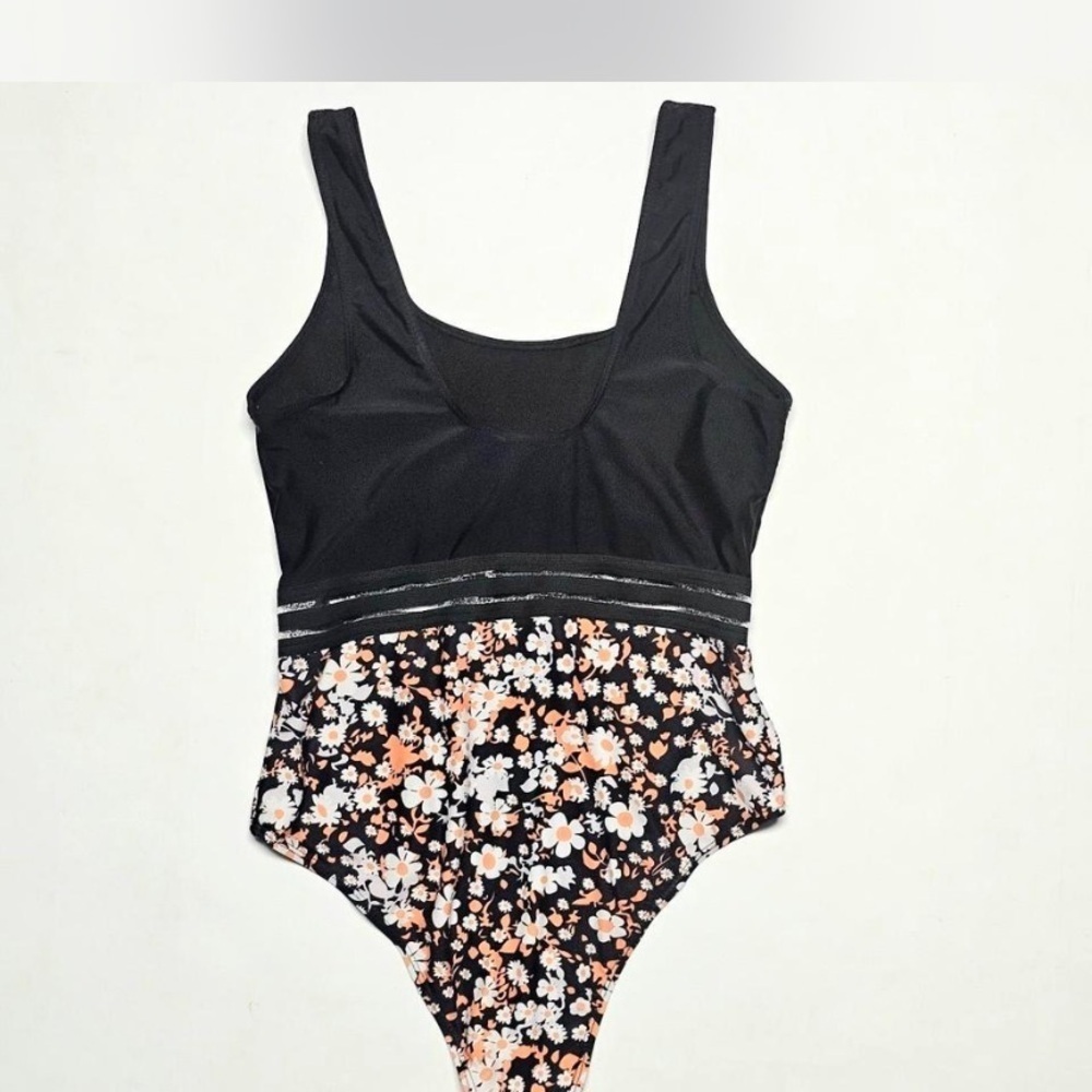 SHEIN Black Floral Vintage One-Piece Swimsuit, Size L